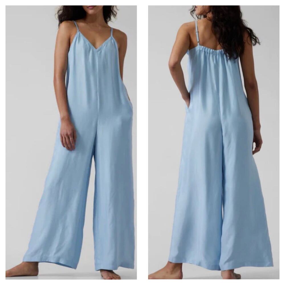 ATHLETA Calm Cool Romper Size Small Blue Satin Oversized Relaxed Boho